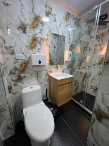 a bathroom with a toilet and a sink and a shower at Hospedaje ZIG ZAG 2 in Tocancipá +20 photos
