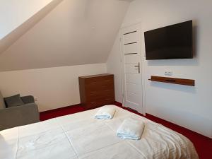a bedroom with a bed with a tv on the wall at Moka in Grzybowo
