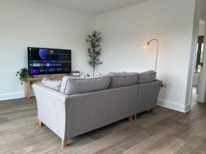a living room with a gray couch and a tv at Little Hills in Westport