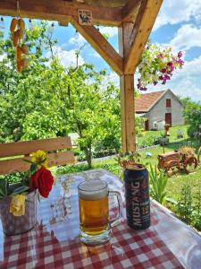 a table with a glass of beer on a checkered table cloth at Rural accommodation Vidovic in Ugarci