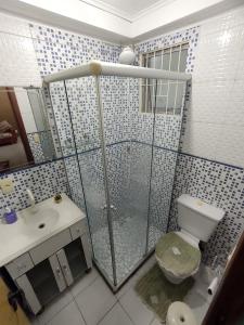 a bathroom with a shower and a toilet and a sink at Apartamento térreo bem equipado, fácil acesso in Canoas +18 photos