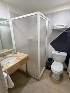 ein Badezimmer mit Dusche, Toilette und Waschbecken in der Unterkunft Hotel Nueva Zelanda in León