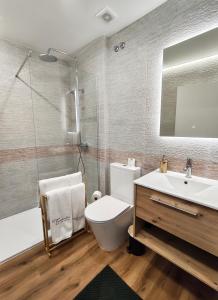 a bathroom with a toilet and a sink and a shower at Hotel de Charme Casa Fundevila in Vila Verde +101 photos