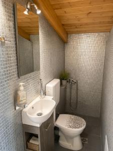 a bathroom with a sink and a toilet and a mirror at Ocean Breeze Luxury Loft in Psathopyrgos