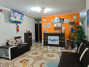 a waiting room with a tv and a couch at Hostal Amazonas in Chivay