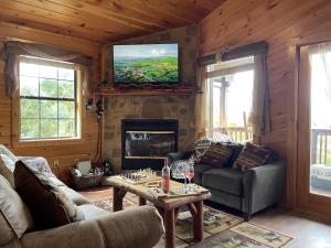 a living room with a couch and a fireplace at Rustic Cabin, Fire Pit with HotTub, Mountain Views, Peaceful Location in Sevierville