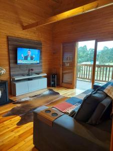 a living room with a couch and a flat screen tv at Casa de Campo Urubici in Urubici