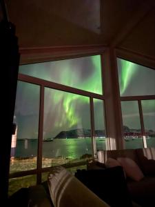 a view of the aurora from a window at Oceanfront Infinity Lodge, Lofoten in Vestvågøya +52 photos