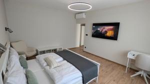 a bedroom with a bed and a tv on the wall at Apartmány Villa Vician in Piešťany