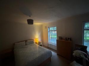 a bedroom with a bed and a lamp and a window at Dublin 12 house in Dublin