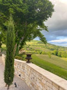 a stone wall with a bird bath next to a tree at La Romanee d Or in Marchampt +9 photos