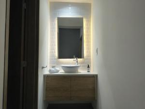 ein Badezimmer mit Waschbecken und Spiegel in der Unterkunft LEVEL Terrazas premium con parrillas privadas in Bahía Blanca + 14 Fotos
