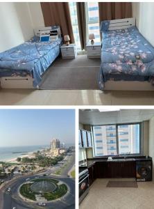 two pictures of a bedroom with a bed and a view at Ajman Beach Apartments in Ajman 
