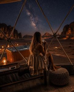 a woman sitting on a bench looking at the stars at Lela camp in Al Mudawwarah