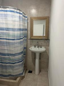 a bathroom with a sink and a shower curtain at Tu rincón, lugar de descanso in Chascomús