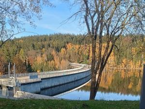 a dam on a river with trees in the background at Am Sonnenblick in Werda