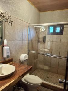 a bathroom with a shower with a toilet and a sink at Finca La Concepción in Marcala