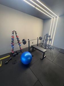 a room with a gym with a blue ball and weights at Intercity - Apartmento 412 in Manaus