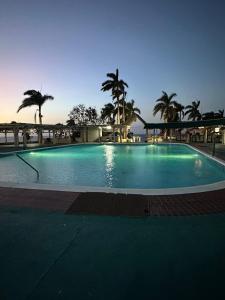 a large swimming pool with palm trees and the ocean at Seaside Escape in Montego Bay +18 photos