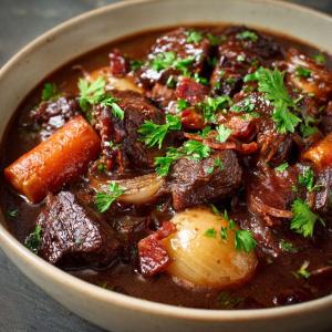 a bowl of beef stew with carrots and meat at Les sarrays Golf et Lodges in Neuvy-Pailloux