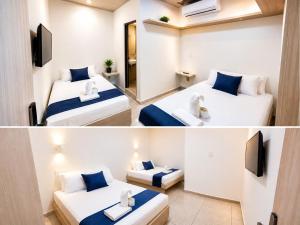 two pictures of a hotel room with two beds at hotel venus in Los Patios