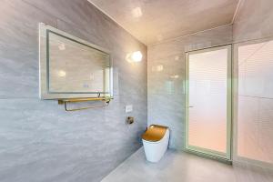 a bathroom with a toilet with a mirror and a window at 富士見莊sl0582 in Oshino +58 photos