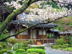 a garden with a building and a tree with flowers at Kyo no Minshuku Ohara no Sato in Kyoto