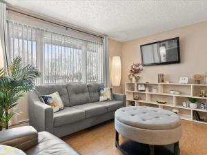 a living room with a gray couch and a tv at All About Alaska in Anchorage