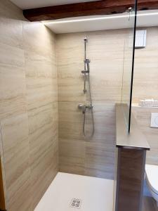a shower stall in a bathroom with wooden walls at Cottage des potiers in Niederbetschdorf +34 photos