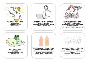 a set of illustrations of different types of disinfection procedures at NOVI Dotonbori in Osaka