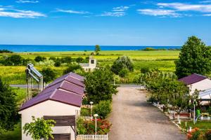 a walkway through a garden with flowers and trees at Complex Route 66 in Vama Veche
