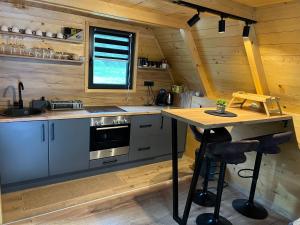 a kitchen with a counter and a table in a cabin at Vila Jezero-Jajce in Jezero