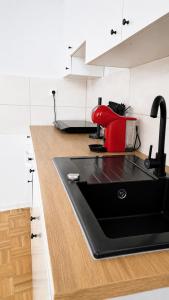 a kitchen with a black sink and a red chair at Gera Apartment Green in Gera +3 photos