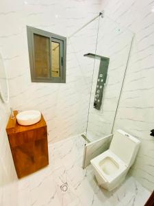 a bathroom with a toilet and a shower and a sink at Résidence moncloa in Brazzaville