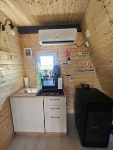 a kitchen with a sink and a stove in a room at Elioan Cozy A-Frame in Mărăcineni