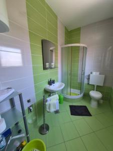 a green bathroom with a sink and a toilet at Apartmani Marković RAB in Palit