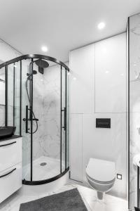 a white bathroom with a shower and a toilet at Korsako apartamentai in Šiauliai +18 photos