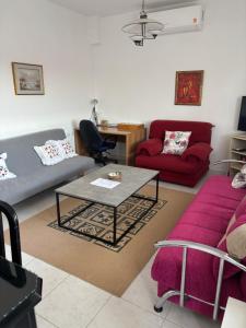 a living room with a couch and a table at Dimitra House Entire apartment with balcony and view in Pherrai