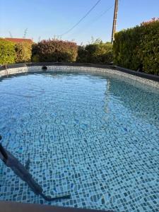 a swimming pool with blue tiles in a yard at Maison de la forêt in Auxonne