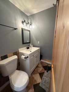 a bathroom with a white toilet and a sink at Cozy Alpine A-Frame in Flagstaff +11 photos