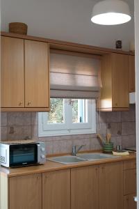 a kitchen with a microwave and a sink and a window at Studios Margarita in Artemonas