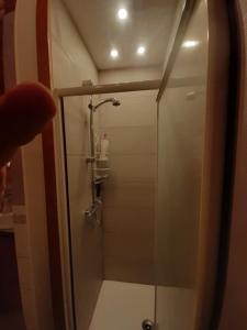 a shower with a glass door in a bathroom at Chalet dans village in Saint-Maurice-en-Trièves +46 photos