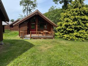 a wooden cabin with a porch in the grass at noordwind camping galsklint in Middelfart