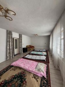 two beds in a large room with curtains at Begimay Inn in Toguz-Bulak