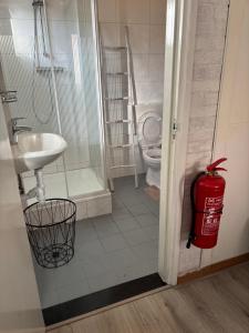 a bathroom with a toilet and a red fire hydrant at Effe d'r ut in Hengelo
