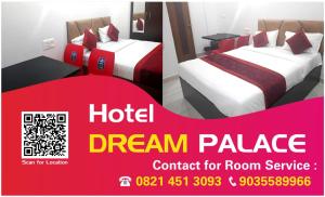 two beds in a hotel room with a red advertisement at Hotel Dream Palace in Mysore