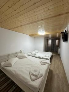 two beds in a room with a wooden ceiling at CABANA MARIA-PETRIMANU in Ciungetu