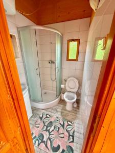 an overhead view of a bathroom with a shower and a toilet at Domki letniskowe Nadia in Grzybowo +19 photos