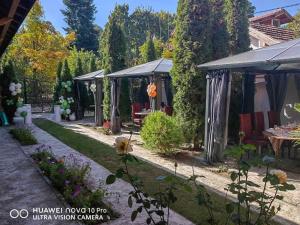 a garden with several gazebos and a table at Tzvetelina Palace Hotel in Dolna Banya