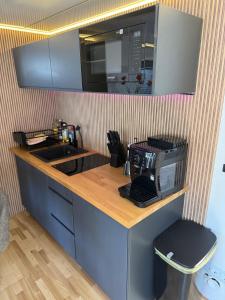 a kitchen with a counter with a microwave and a sink at Hausboot mit Sauna - TraumZeitBoot Heidi - exklusiver Festlieger in perfekter Lage am Scharmützelsee Bad Saarow in Bad Saarow